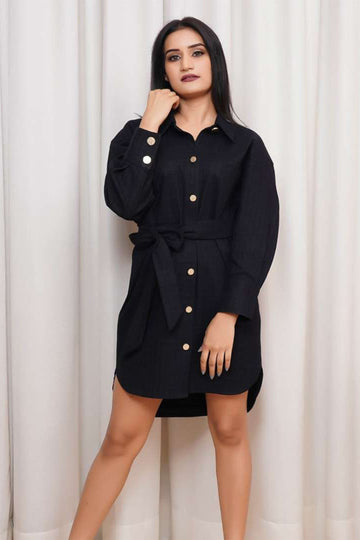 Charcoal Cuff Sleeves Mini Shirt Dress